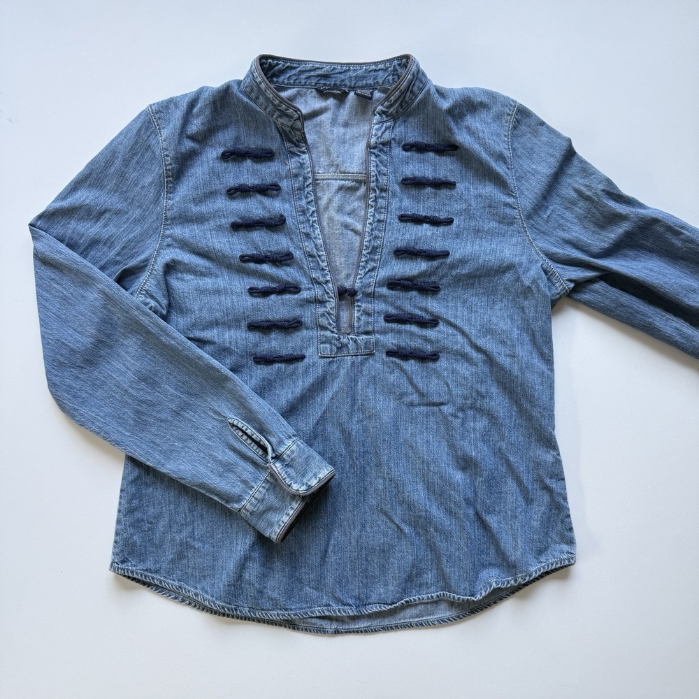 Vtg AMERICAN EAGLE‎ Military-Inspired Split V-Neck Long Sleeve Denim Top Large